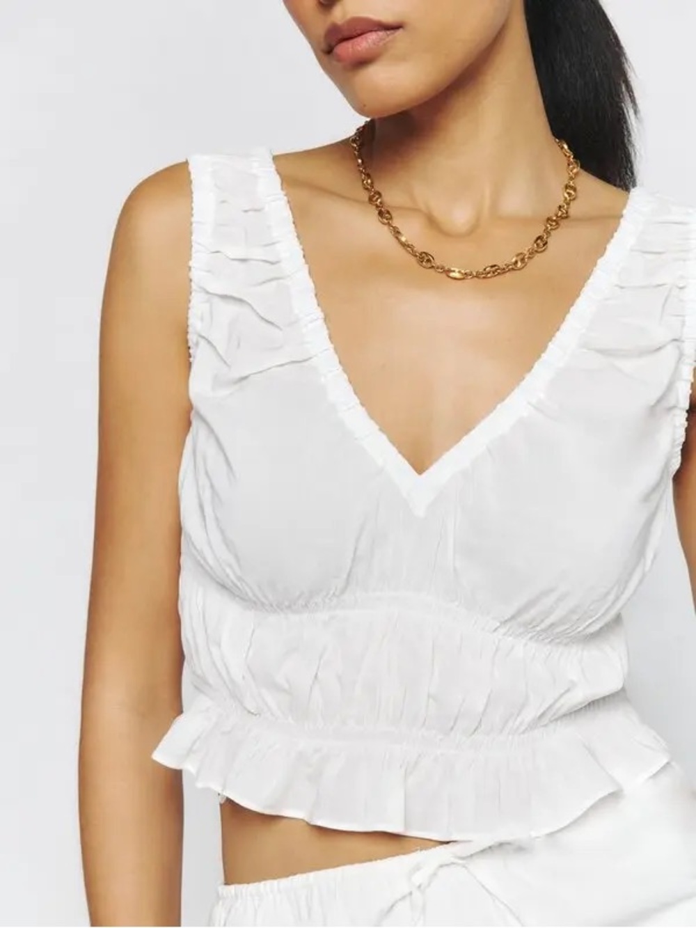 Reformation Gabriella Top - White V-Neck Ruffle Crop Tank
